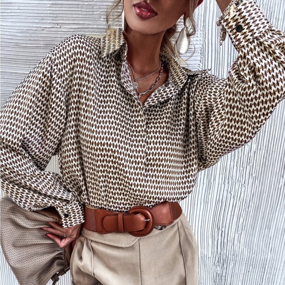 Womens Brown & Cream Patterned Button-Up Blouse